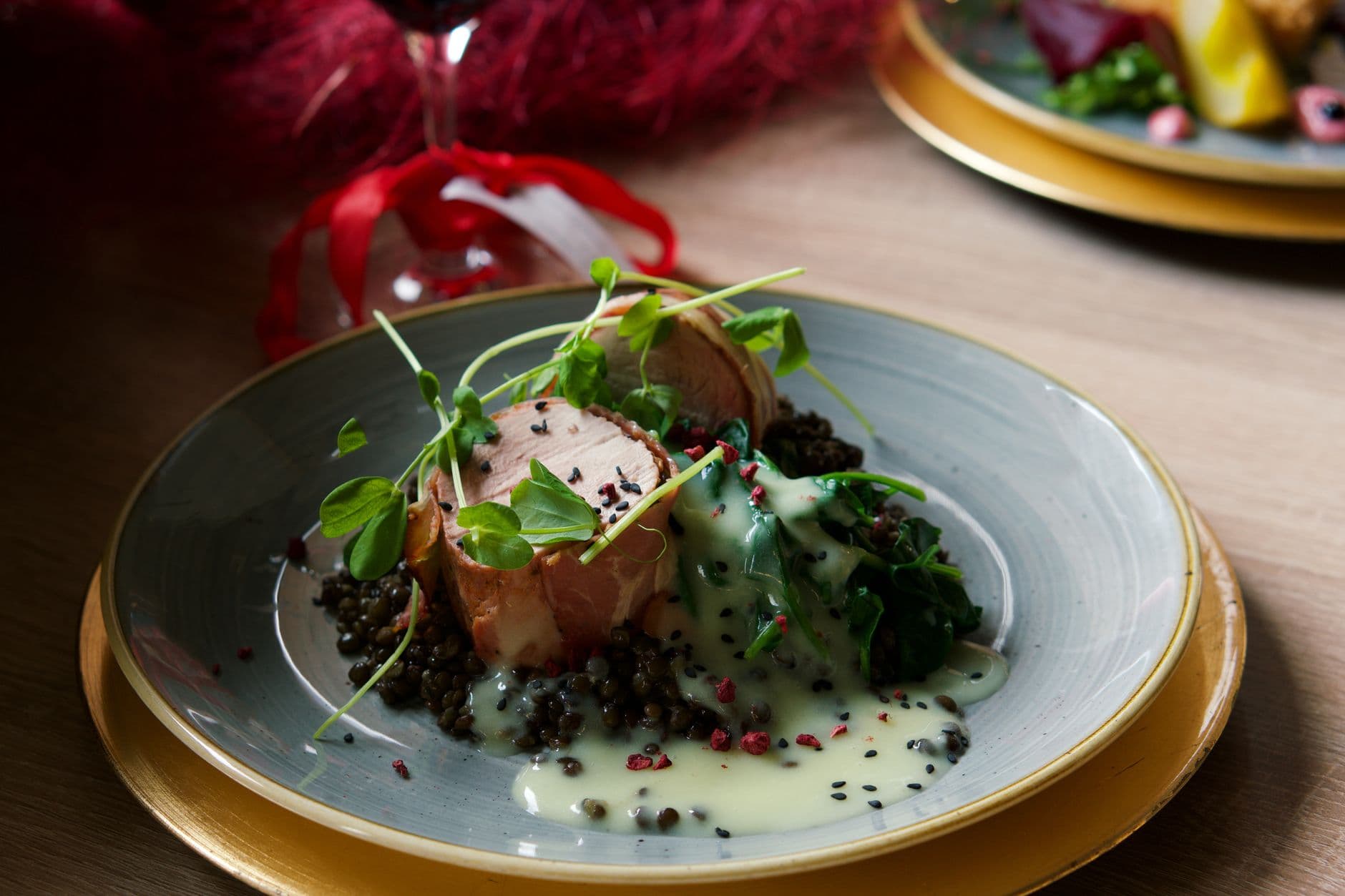 Salmon Lentil Spinach Plate prepared and served as the finished dish