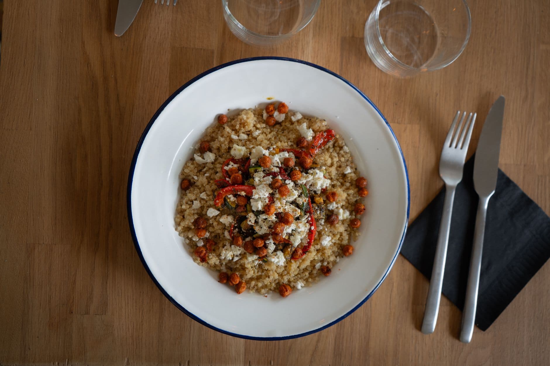Tempeh Chickpea Quinoa Bowl prepared and served as the finished dish
