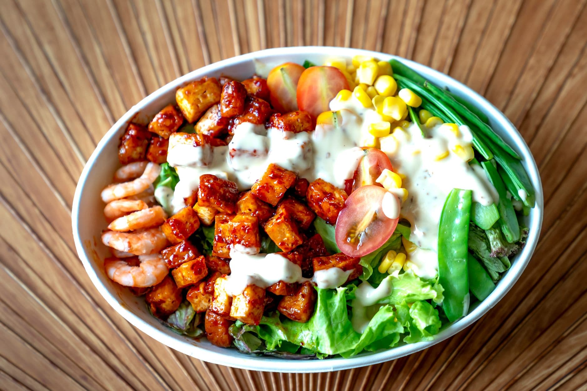 Tofu Quinoa Edamame Bowl prepared and served as the finished dish