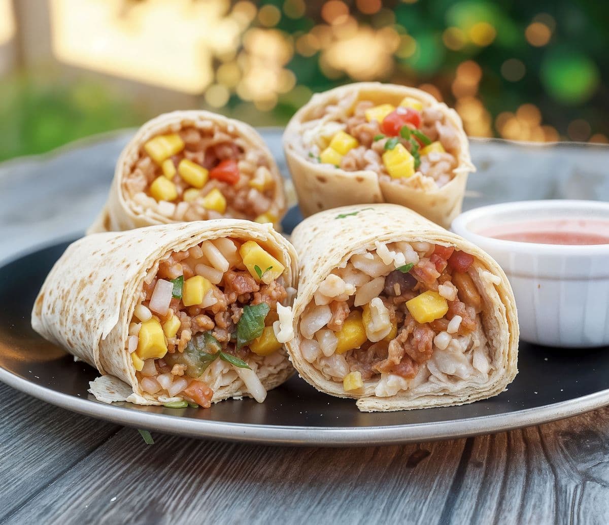 Vegan bean-and-rice burritos; illustrative wrap photo, not this measured tofu-and-black-bean recipe