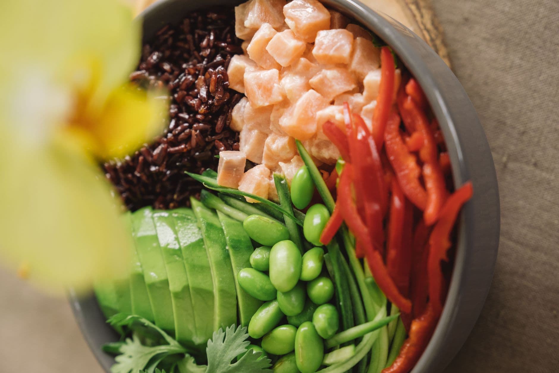 Shrimp Brown Rice Edamame Bowl prepared and served as the finished dish