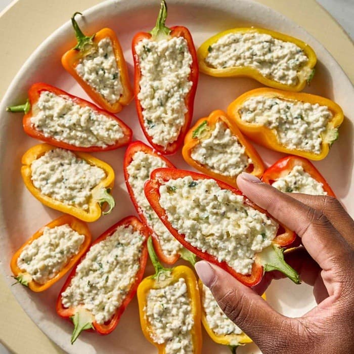 Cottage Cheese and Feta Stuffed Peppers prepared and served as the finished dish