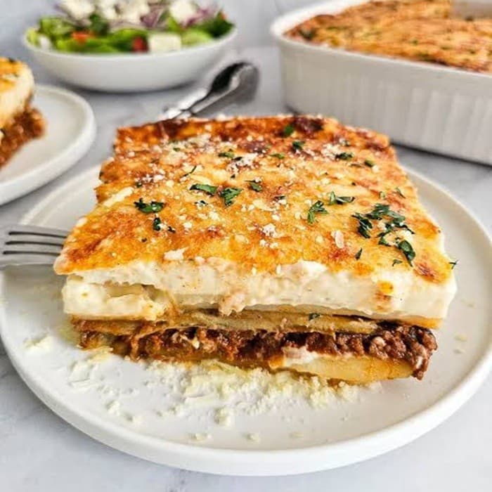 Potato Moussaka prepared and served as the finished dish