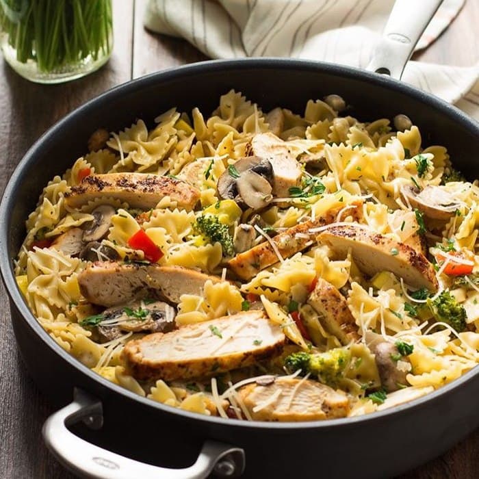 Chicken Alfredo Primavera prepared and served as the finished dish