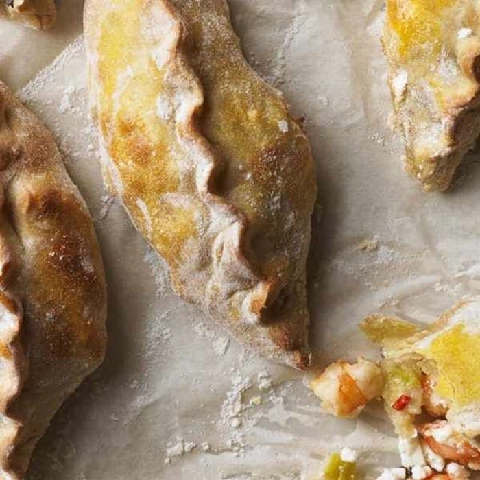 Spring onion and prawn empanadas prepared and served as the finished dish