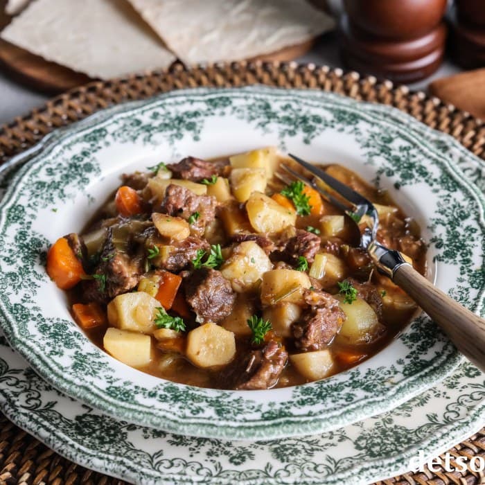 Brun Lapskaus (Norwegian Beef Vegetable Stew) prepared and served as the finished dish