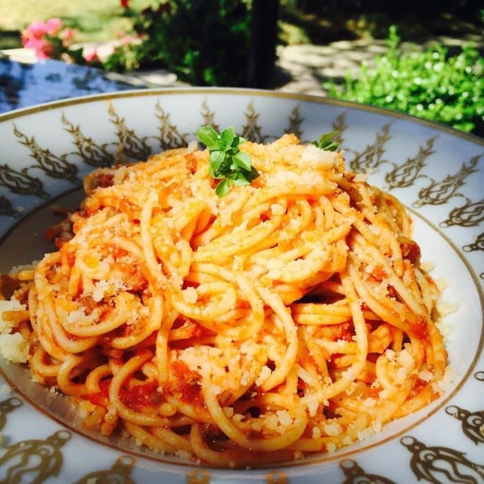 Spaghetti Bolognese prepared and served as the finished dish