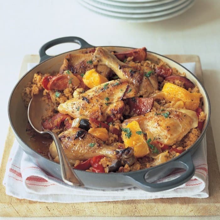 Chicken Basquaise prepared and served as the finished dish