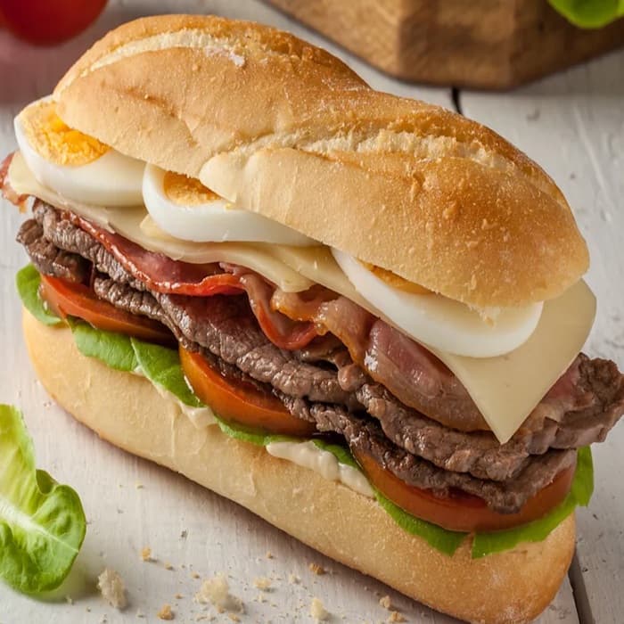 Chivito sandwich prepared and served as the finished dish