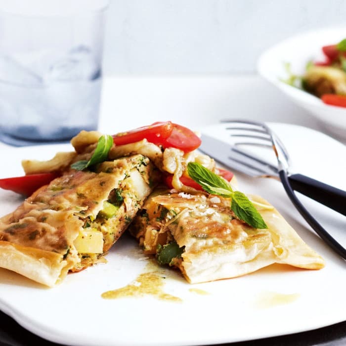 Tuna and Egg Briks prepared and served as the finished dish