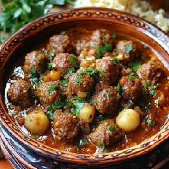 Algerian Kefta (Meatballs) prepared and served as the finished dish