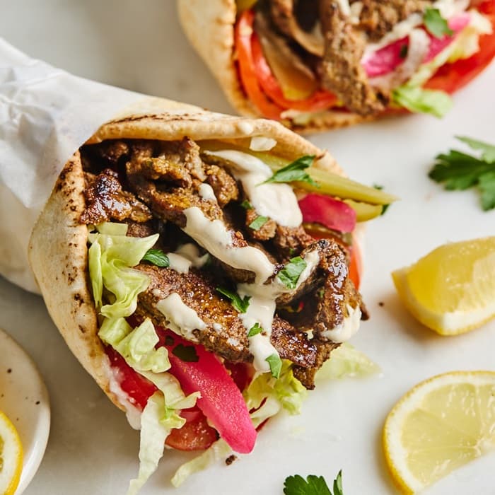 Shawarma Chuck Roast Wrap prepared and served as the finished dish