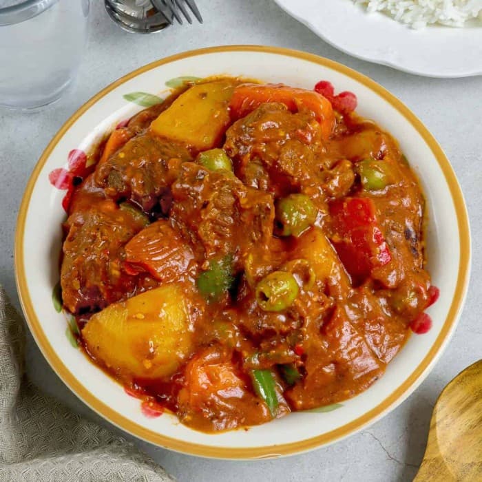 Beef Caldereta prepared and served as the finished dish