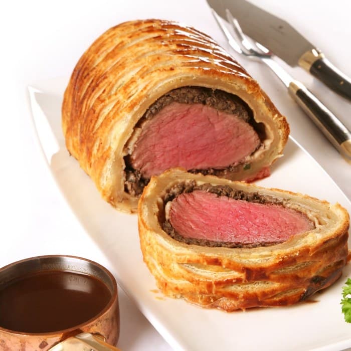 Beef Wellington prepared and served as the finished dish