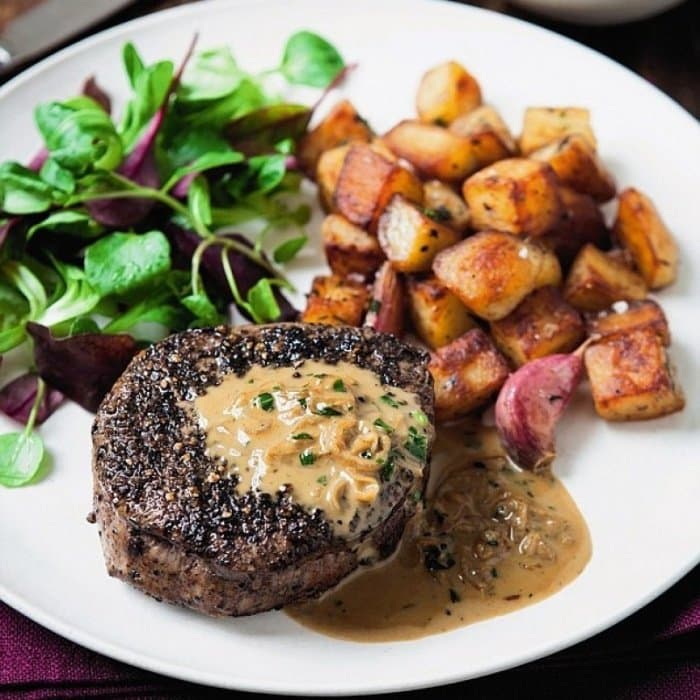 Steak Diane prepared and served as the finished dish