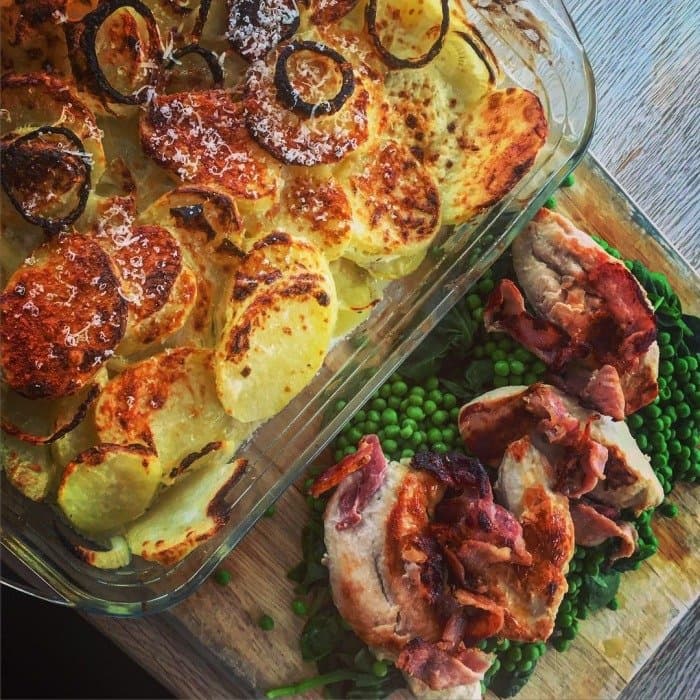Potato Gratin with Chicken prepared and served as the finished dish