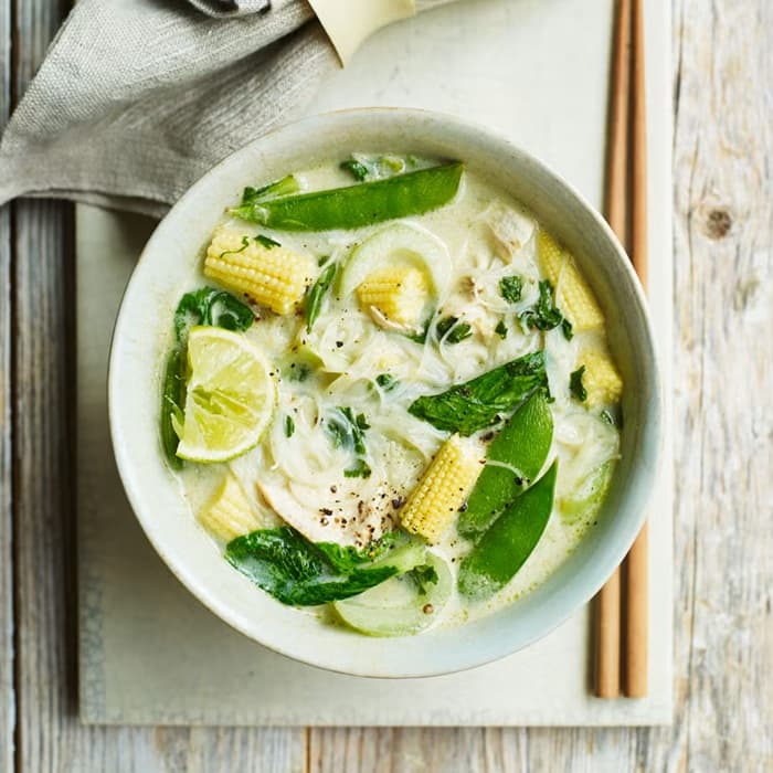 Thai green chicken soup prepared and served as the finished dish